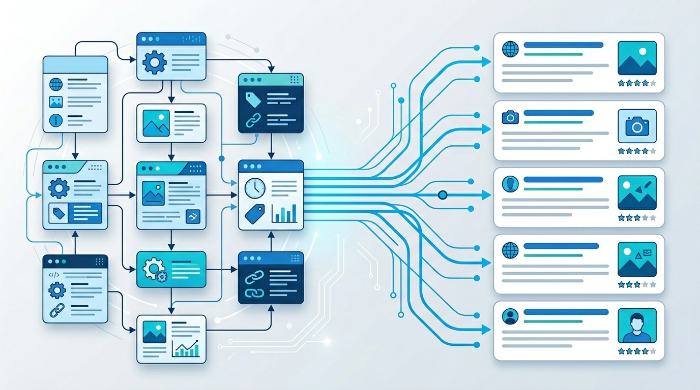 Structured data blocks connected to enhanced search result cards.