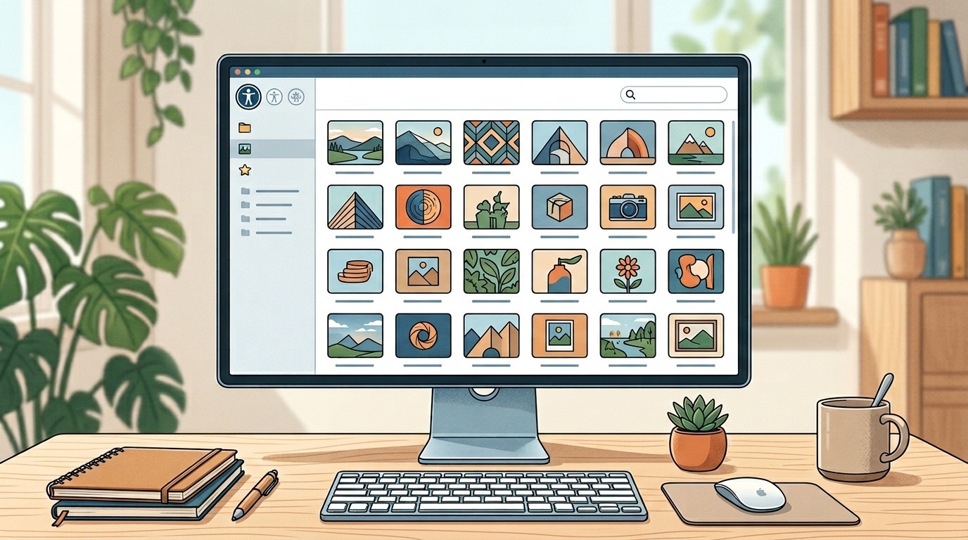 Organized image thumbnails with file labels, an accessibility symbol, and a search magnifier on a desk.