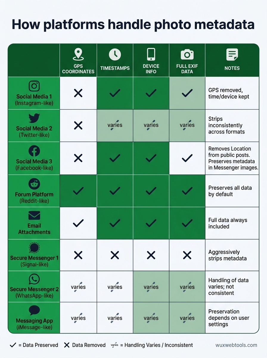 Platform comparison matrix showing which services remove GPS, preserve timestamps, or keep full EXIF, plus notes for email and messaging apps