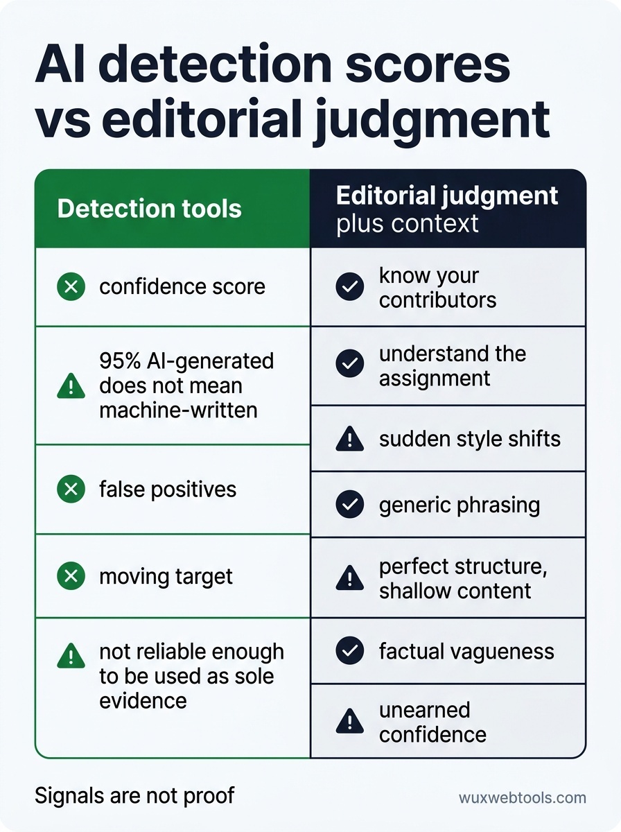 Side-by-side comparison of AI detection tool outputs like 95 percent AI-generated versus editorial signals such as style shifts, generic phrasing, and factual vagueness