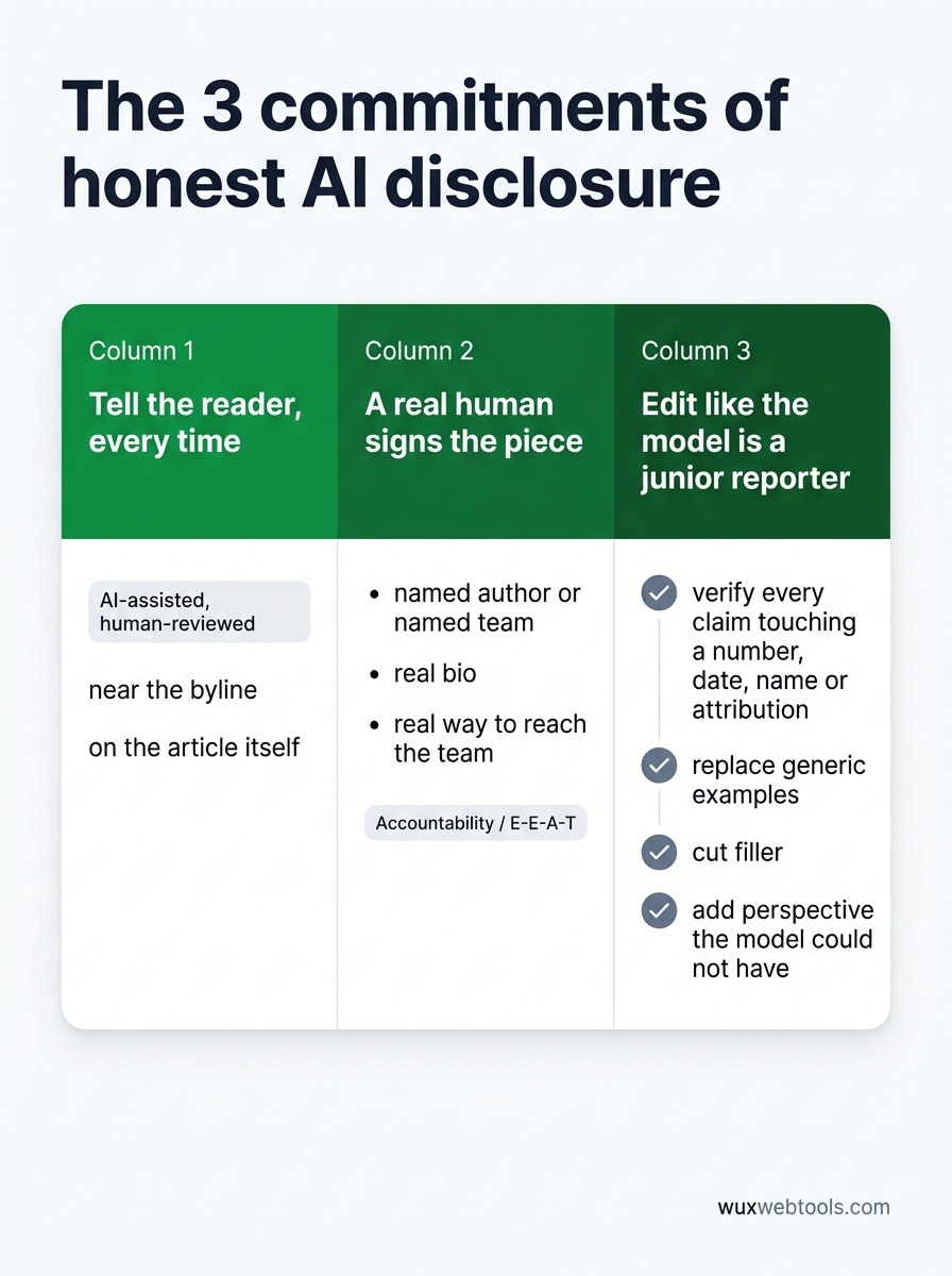 Three-column framework showing the commitments: tell the reader every time, a real human signs the piece, and edit like the model is a junior reporter
