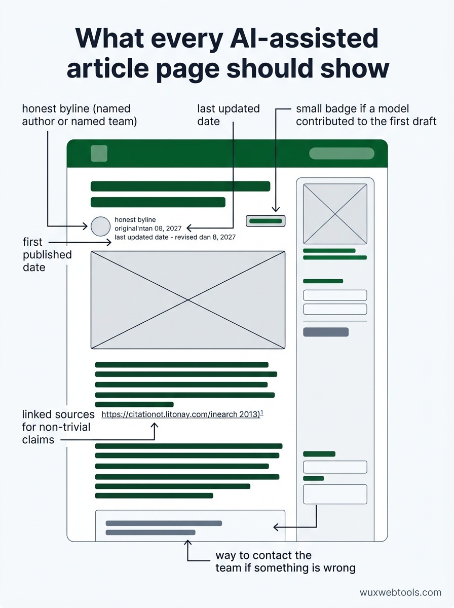 Page layout diagram labeling the required disclosure elements: byline, publish date, updated date, AI-assisted badge, linked sources, and contact method