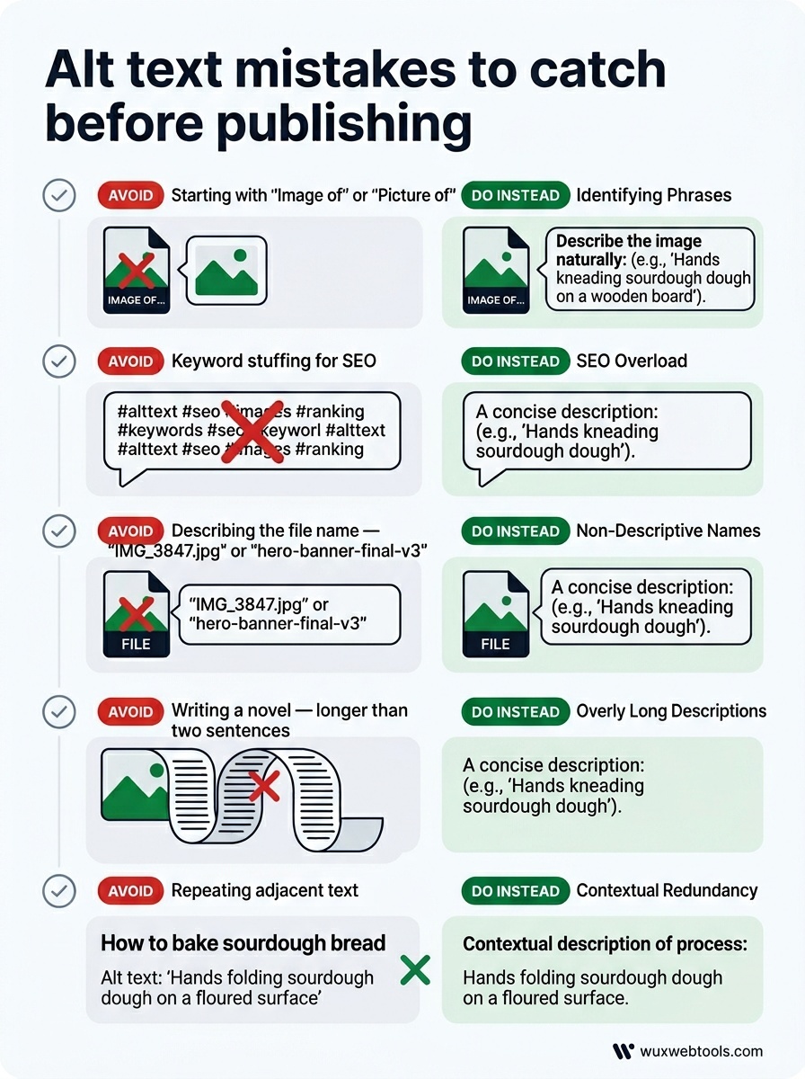 Checklist of common alt text mistakes including image of, keyword stuffing, file names, overly long text, and repeated headings