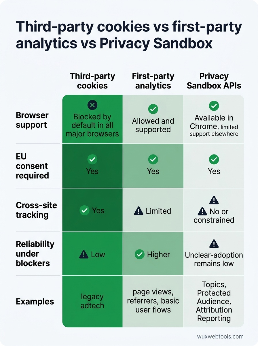 Comparison table of third-party cookies, first-party analytics, and Privacy Sandbox across browser support, consent needs, reliability, and tracking scope