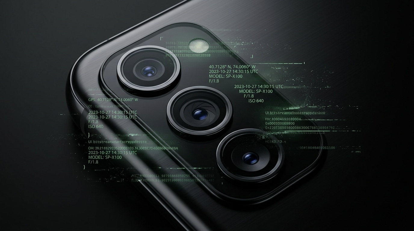 Smartphone camera lens with overlaid technical metadata dissolving into particles