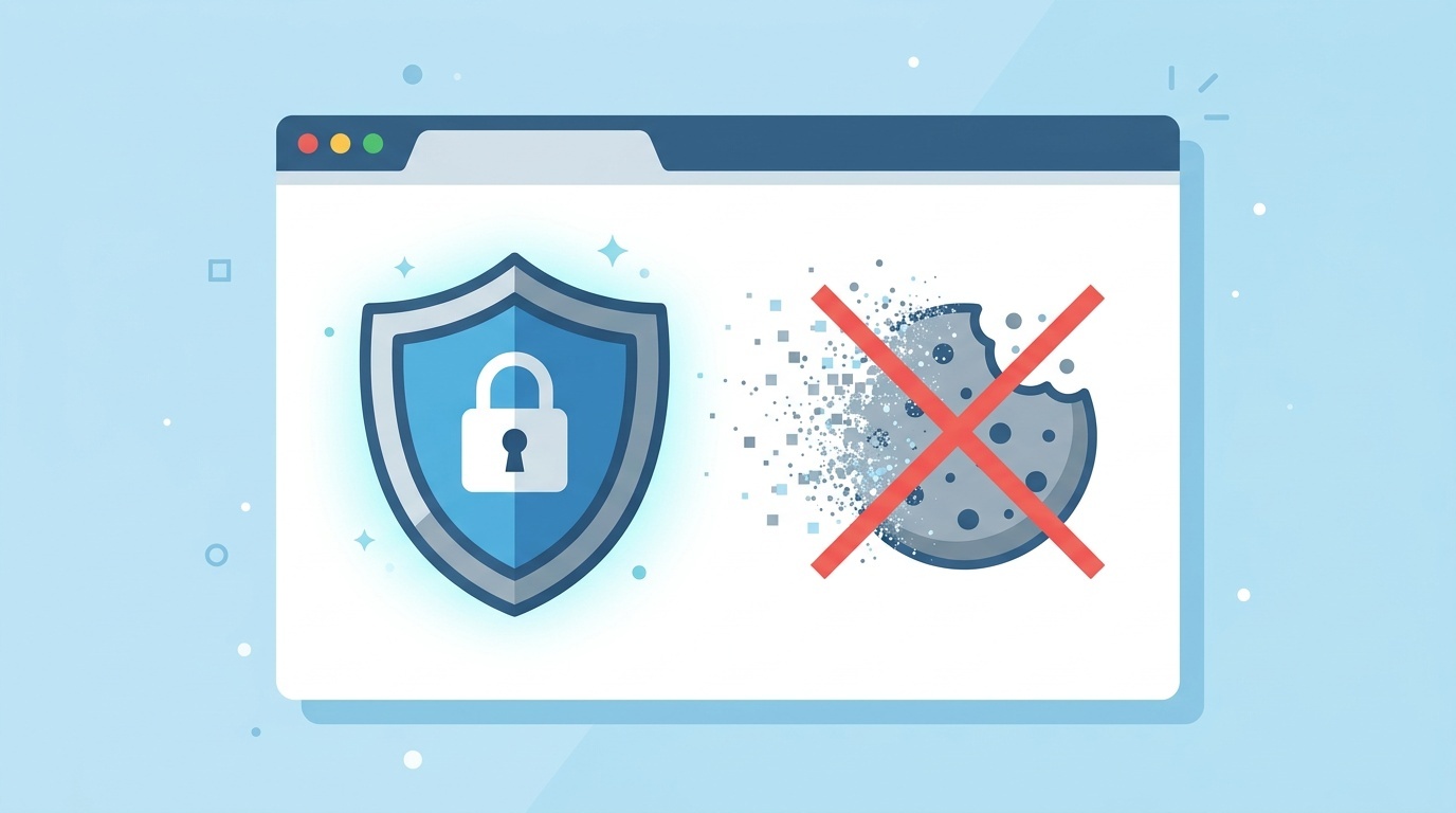 Browser window with cookie icon fading away next to a privacy shield icon
