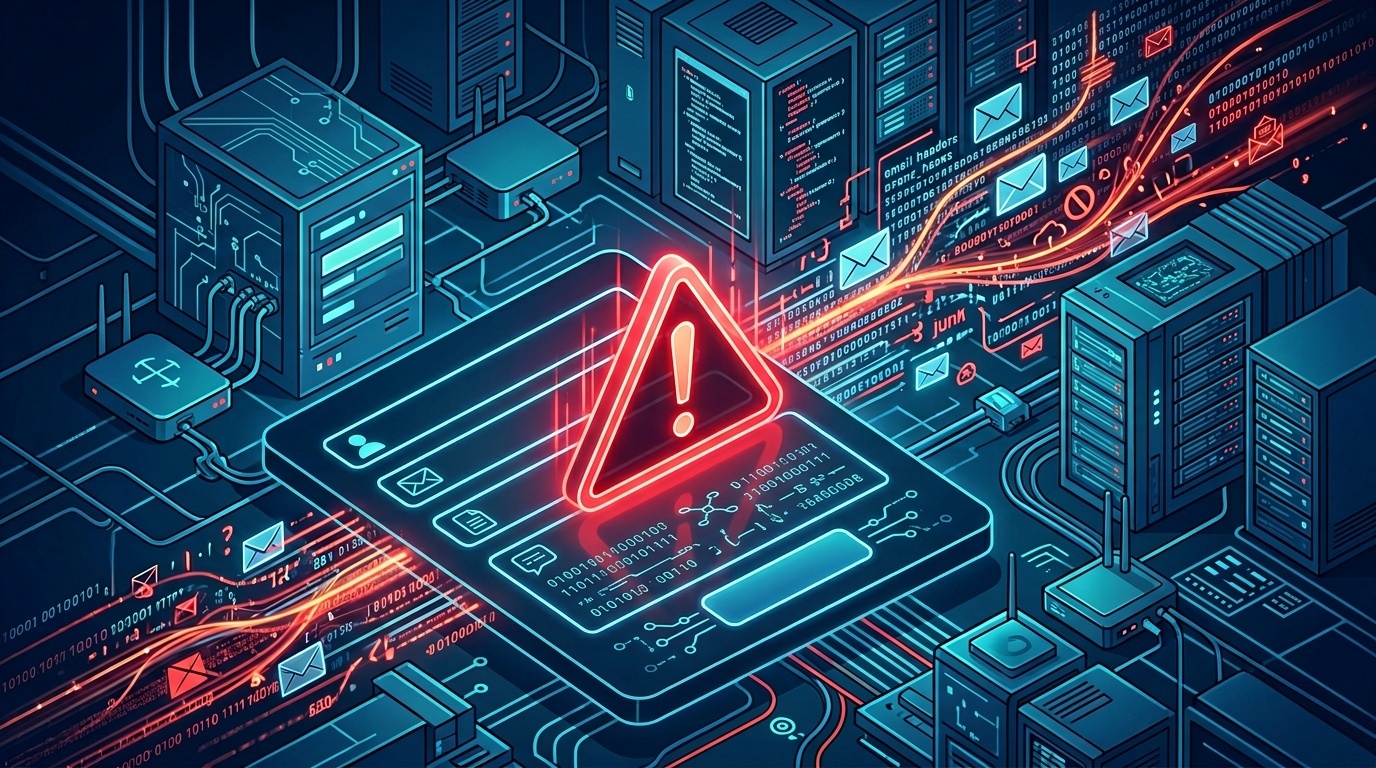 Abstract illustration of a contact form with warning symbols representing spam vulnerability