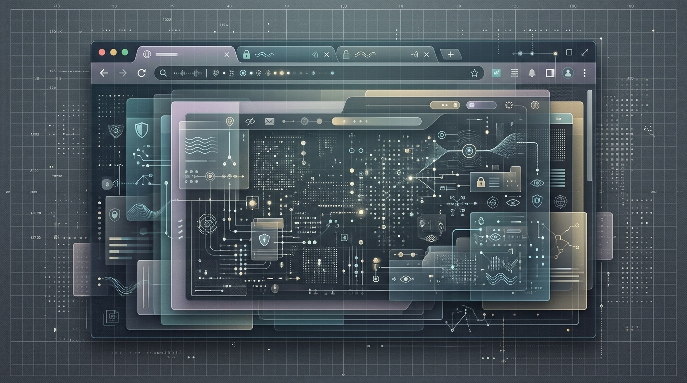 Abstract browser window surrounded by layered fingerprinting signals and data points.