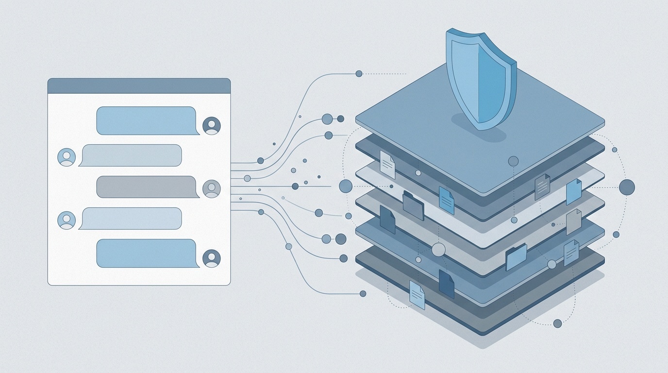 Illustration of an AI chat window connected to stored messages, files, and metadata layers.