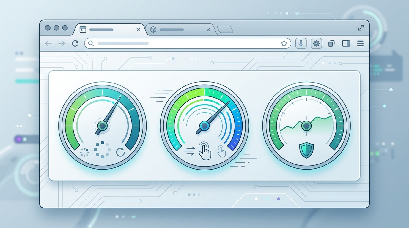 A browser window represented with three performance gauges for Core Web Vitals.