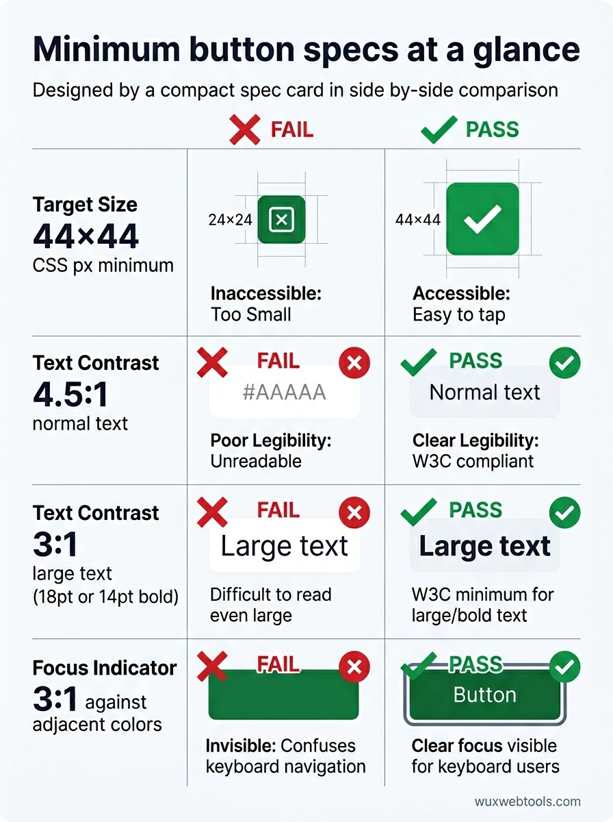 Comparison chart of button accessibility minimums: 44 by 44 target size, 4.5 to 1 normal text contrast, 3 to 1 large text contrast, and 3 to 1 focus indicator contrast