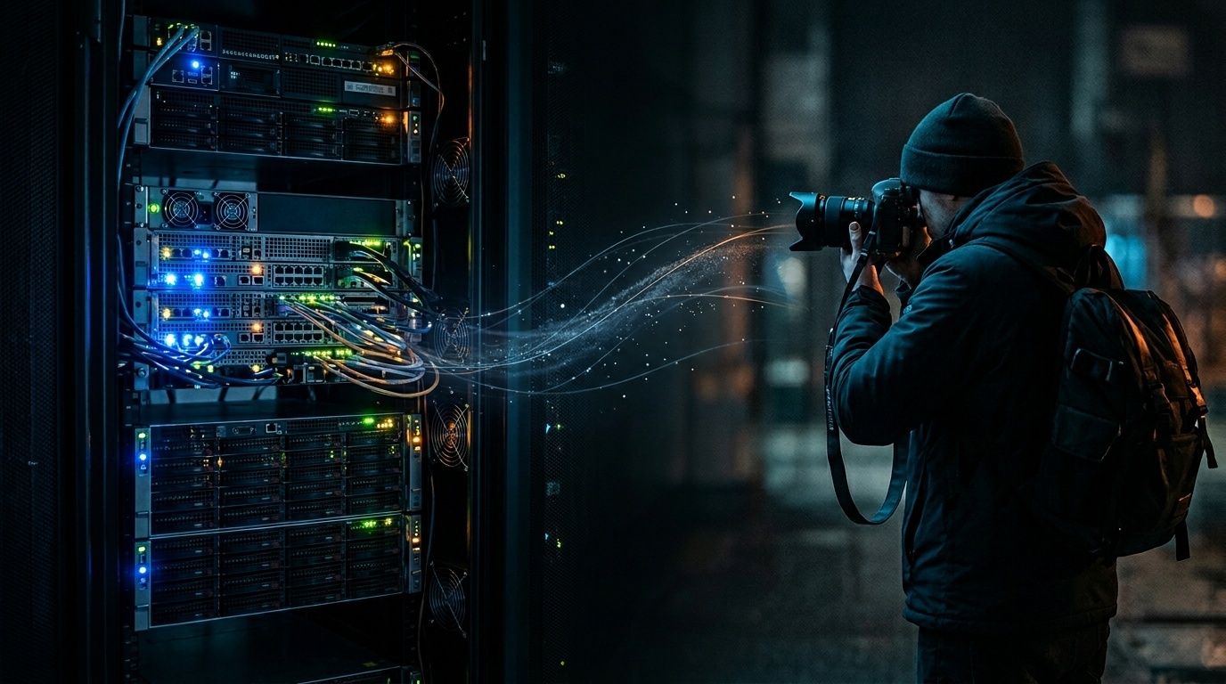 Visual metaphor contrasting server infrastructure with human photography to represent the hidden costs of AI-generated images