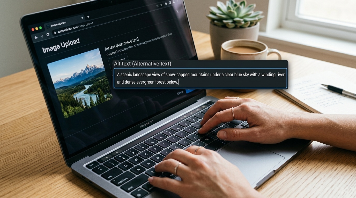 Person writing alt text in an image upload interface