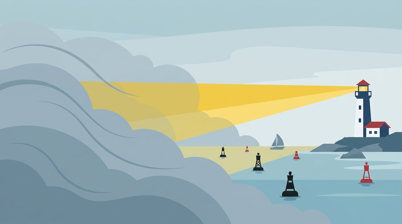 Stylized lighthouse beam illuminating a clear path through fog, representing clarity in performance diagnostics