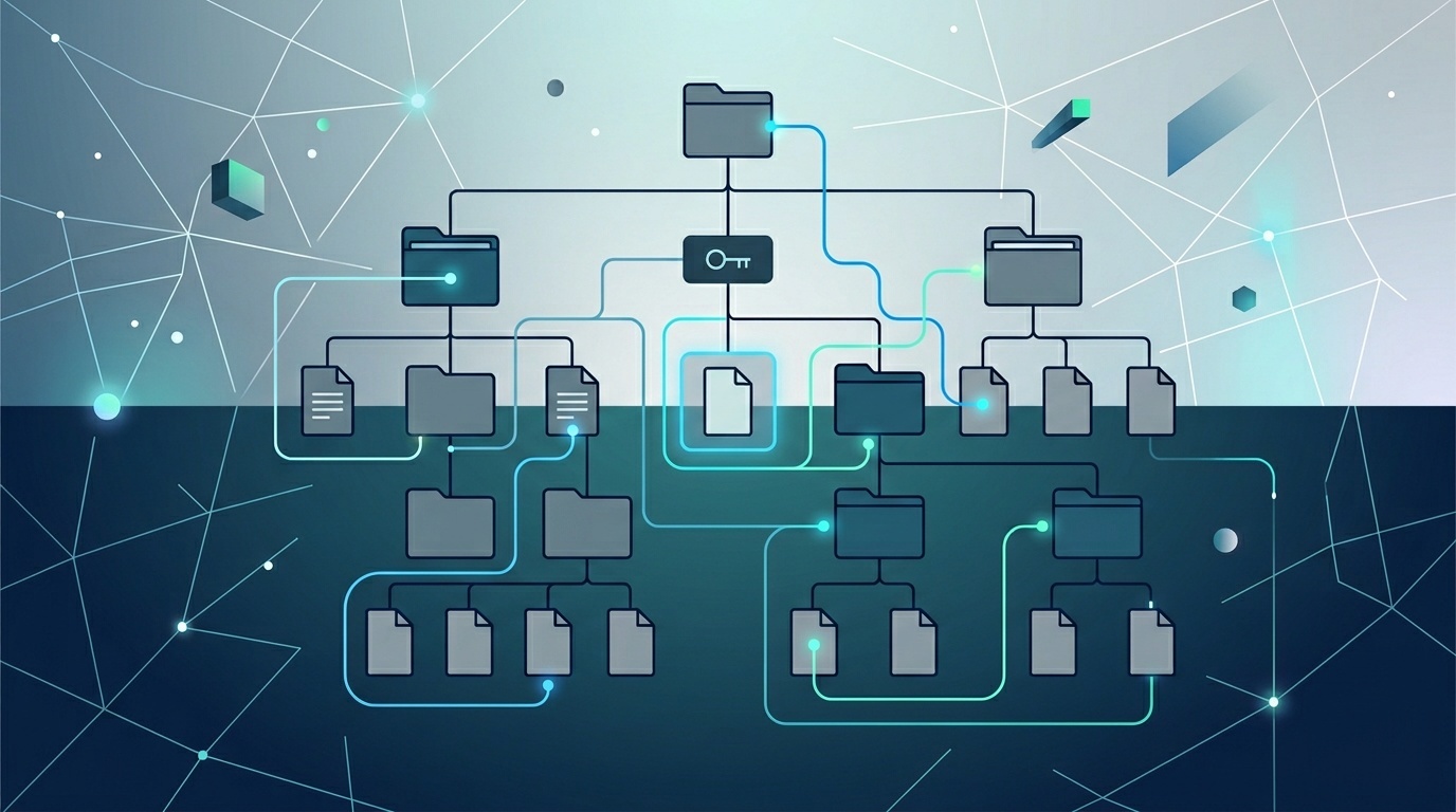 Abstract illustration of an llms.txt file guiding AI crawler paths through a website structure.