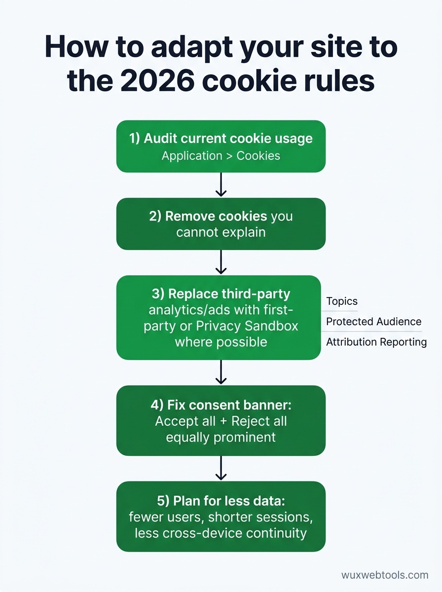 Flowchart showing the 2026 cookie-response process: audit cookies, remove unknown vendors, replace third-party tracking, fix consent banner, and accept less data