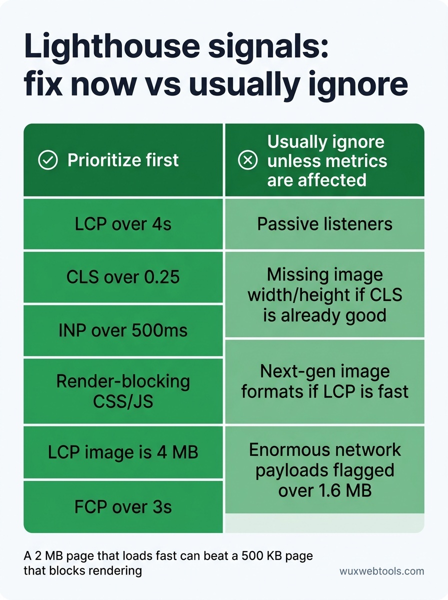 Two-column comparison of Lighthouse items to prioritize versus warnings that can often wait, with examples and numeric thresholds