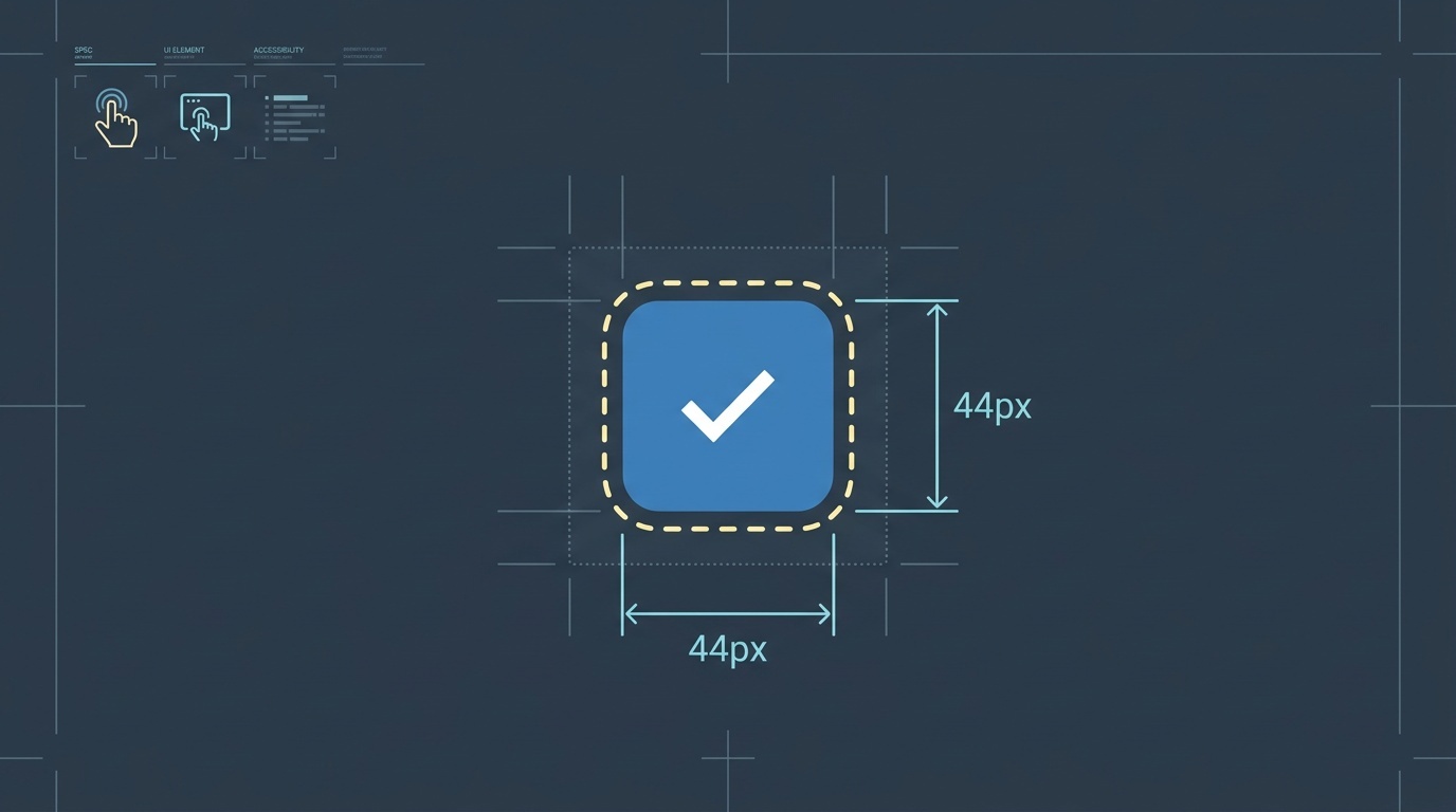 Technical diagram of an accessible button showing focus state and minimum touch target dimensions