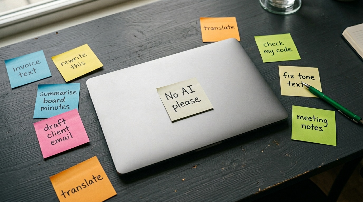 A closed laptop with a sticky-note reading No AI please, surrounded by colourful Post-its each carrying an everyday work task that someone has used AI for anyway.
