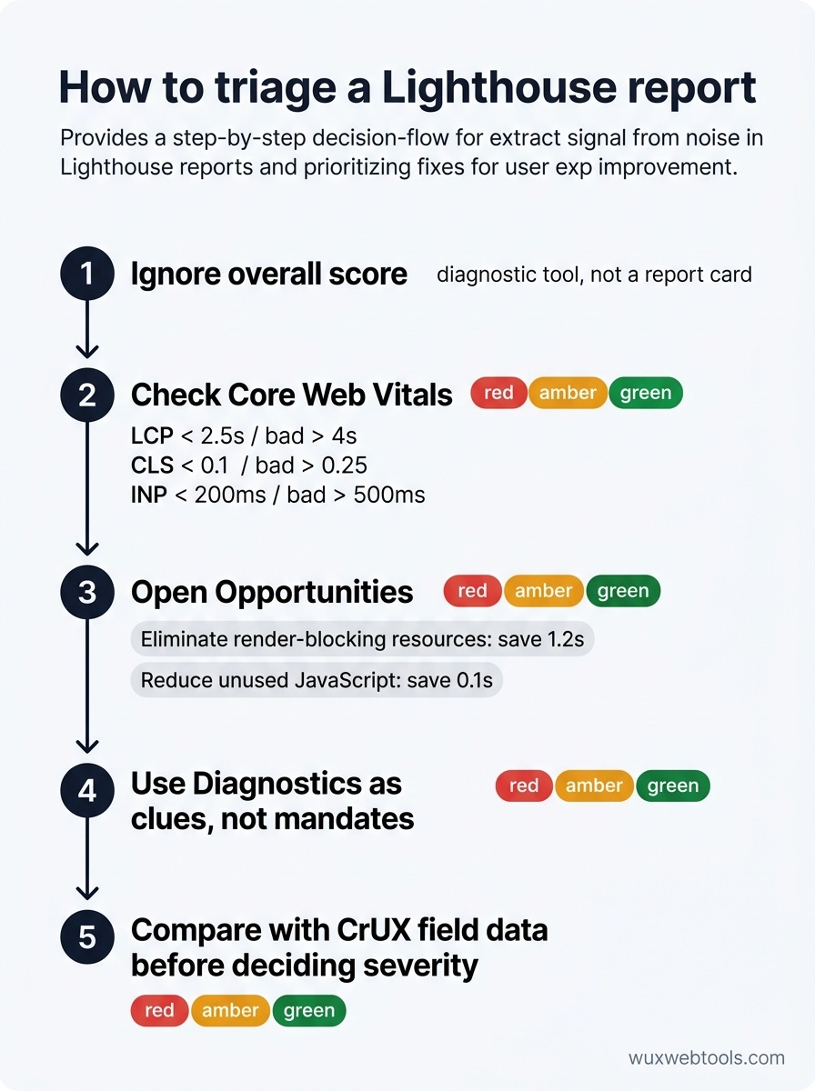 Flowchart for reading a Lighthouse report: ignore score first, check LCP CLS INP, review Opportunities by time savings, then use Diagnostics as context