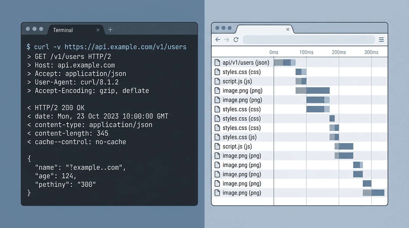 Split-screen illustration showing terminal with HTTP headers on left and browser network panel on right