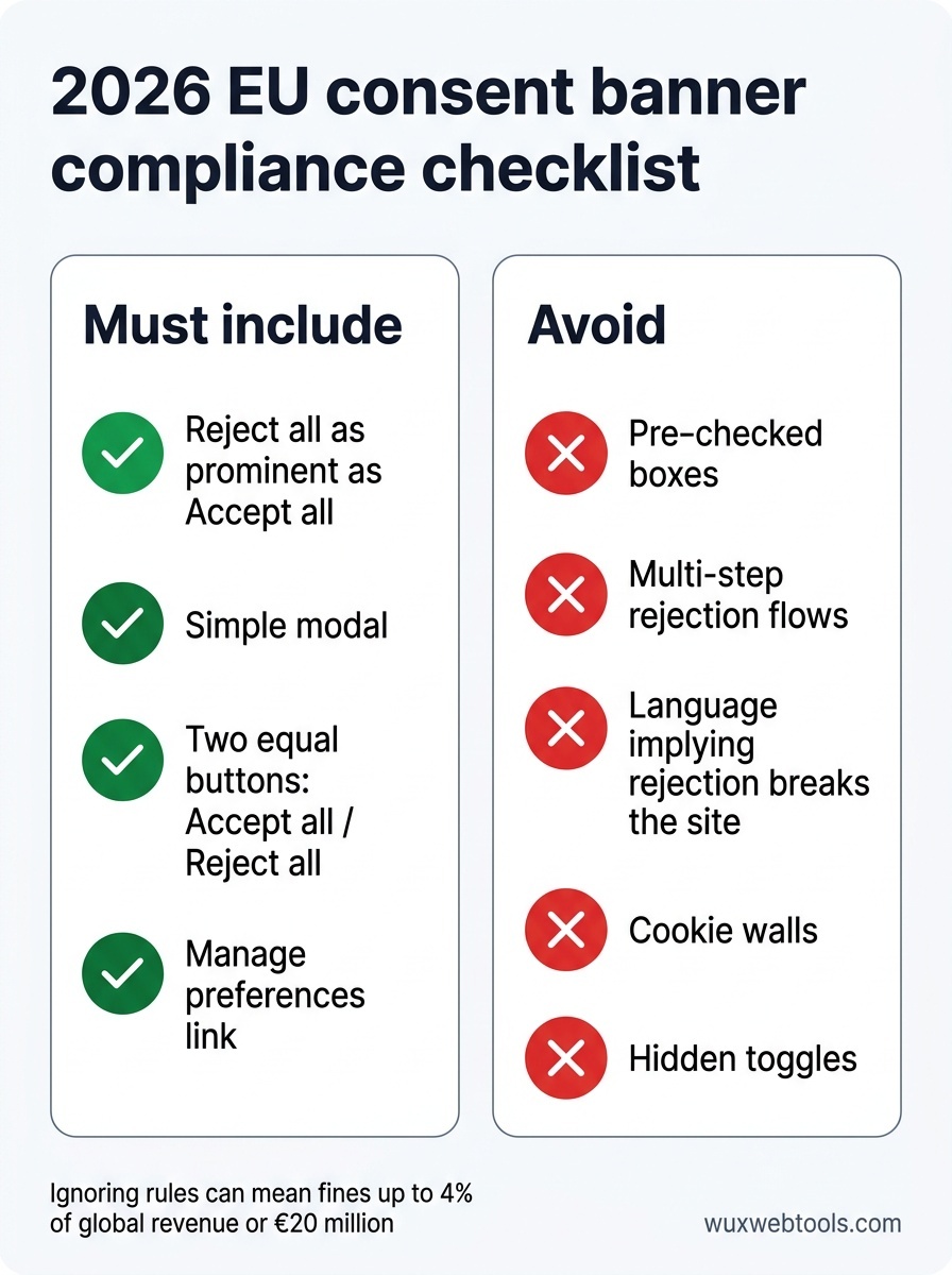 Checklist poster showing what an EU-compliant consent banner must include and what dark patterns to avoid in 2026