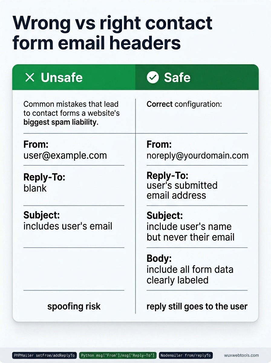 Side-by-side comparison of unsafe and safe contact form email headers, showing user email in From on the left and Reply-To on the right