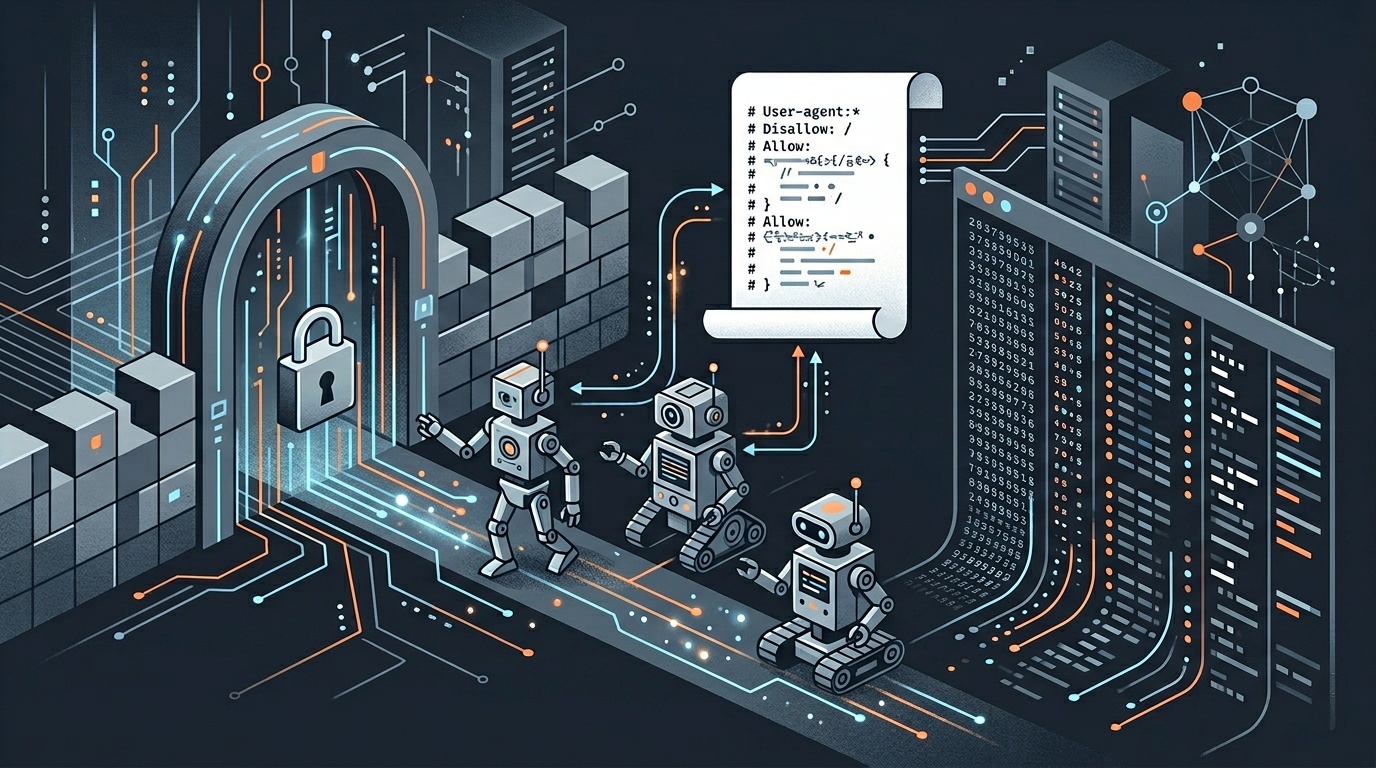 Illustration of crawler bots approaching a website gate controlled by a robots.txt file.