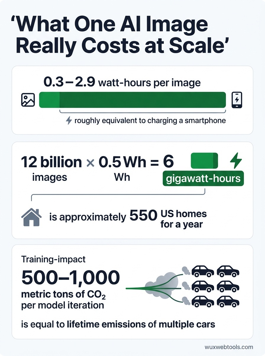 Data graphic showing AI image energy use: 0.3 to 2.9 watt-hours per image, 12 billion images at 0.5 watt-hours equals 6 gigawatt-hours, about 550 US homes for a year