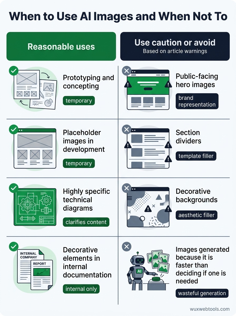 Comparison chart showing acceptable AI image use cases like prototyping and placeholders versus public-facing decorative images that should favor real or no images