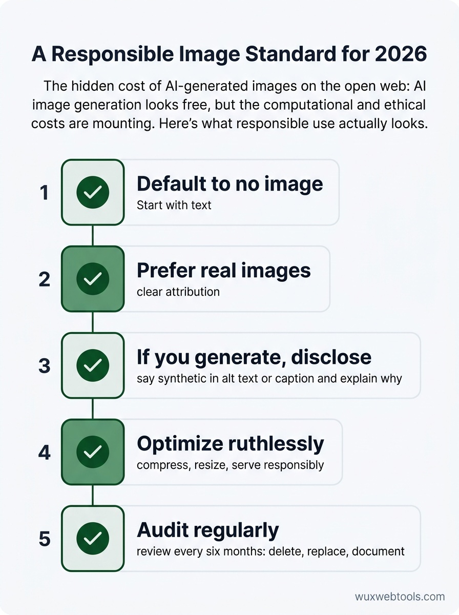Five-step checklist for responsible web imagery: default to no image, prefer real images, disclose synthetic images, optimize ruthlessly, and audit every six months