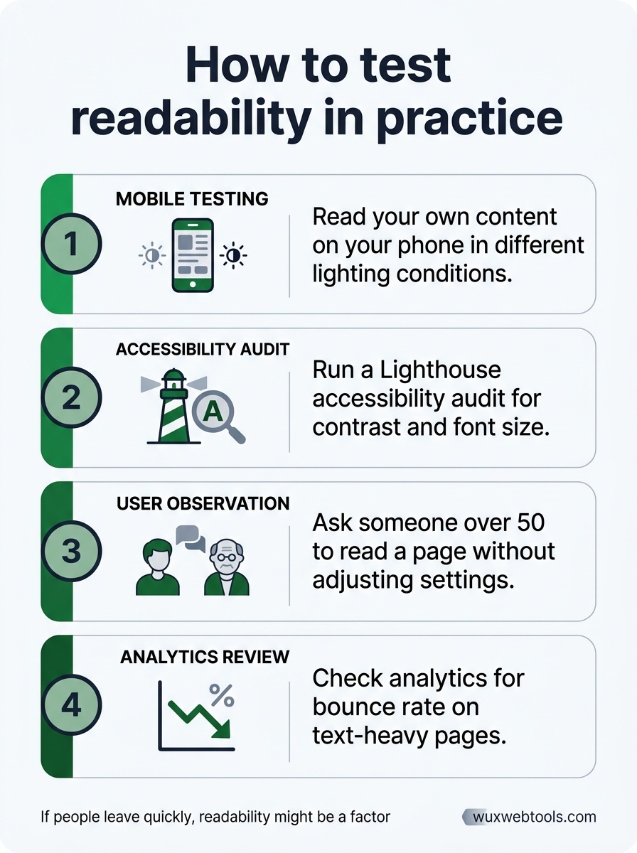 Checklist infographic listing readability tests: read on phone in different lighting, run Lighthouse accessibility audit, ask someone over 50 to read the page, and check bounce rate on text-heavy pages