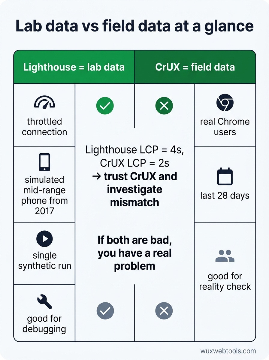 Side-by-side diagram comparing Lighthouse lab data and CrUX field data, including 28-day real-user window and example LCP mismatch