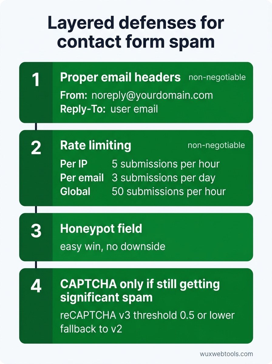 Checklist-style security stack for contact forms with exact rate limits, honeypot, and CAPTCHA fallback thresholds