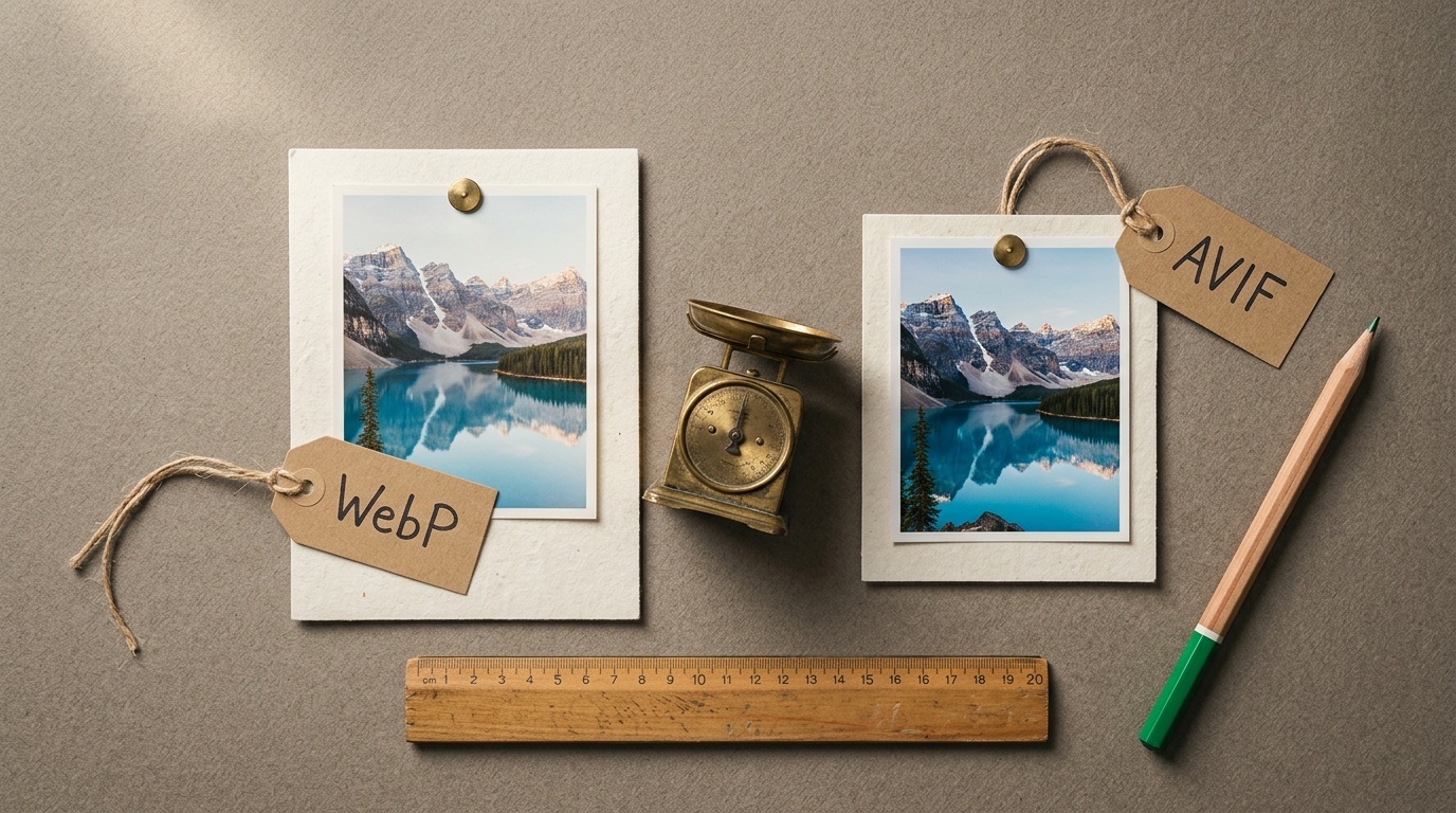 Side-by-side comparison of WebP and AVIF image compression showing file size differences