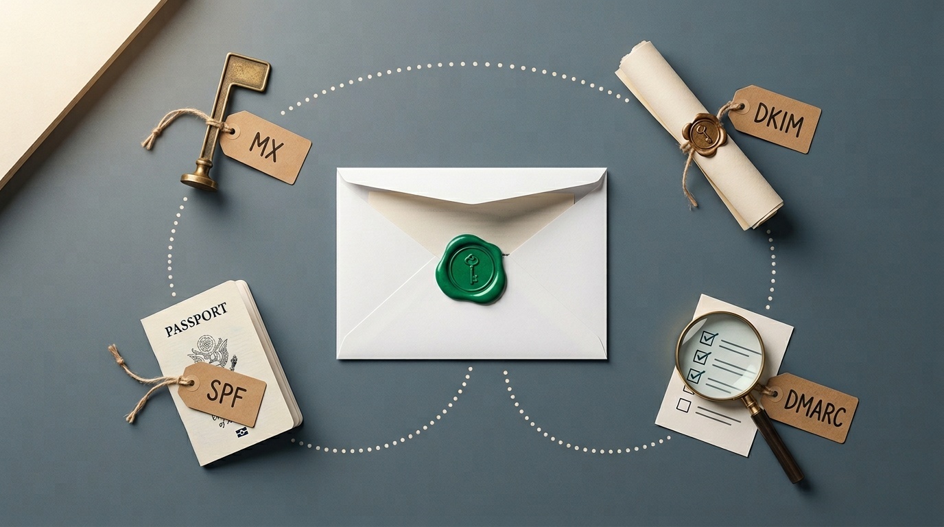 Layered illustration of DNS email authentication records (MX, SPF, DKIM, DMARC) arranged above a mail server