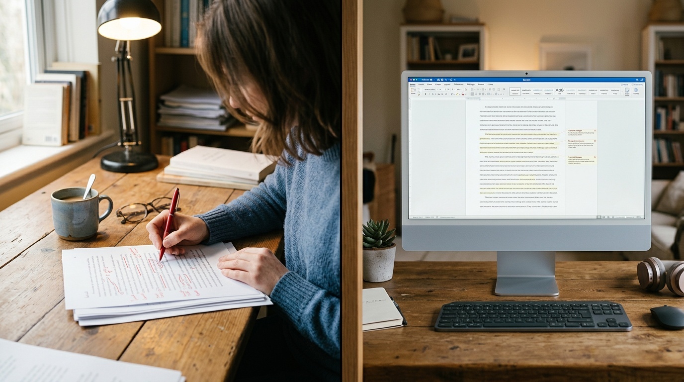 Split view of traditional editing workspace with manuscript and modern screen showing text analysis, suggesting balanced human-AI editorial process