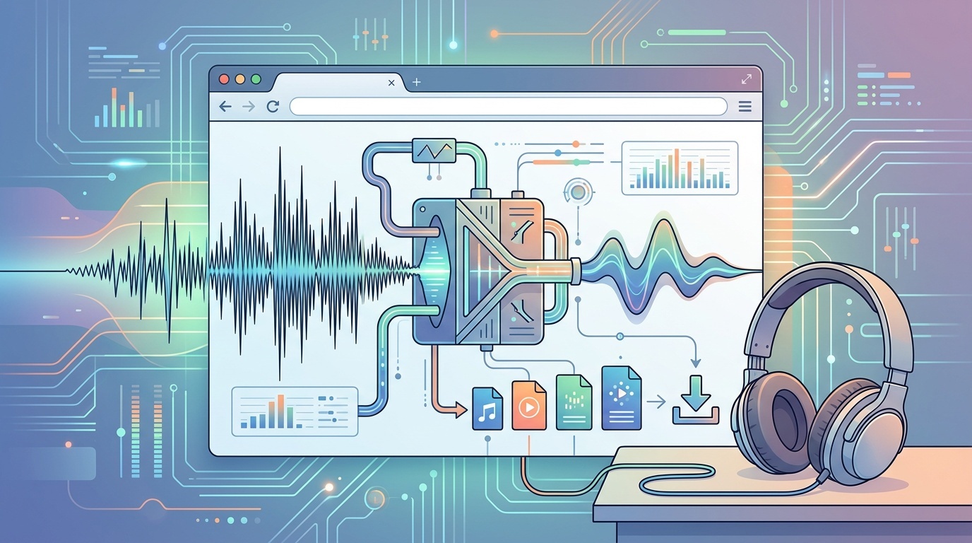 A browser audio player with a compressed waveform and headphones, representing web audio optimization.