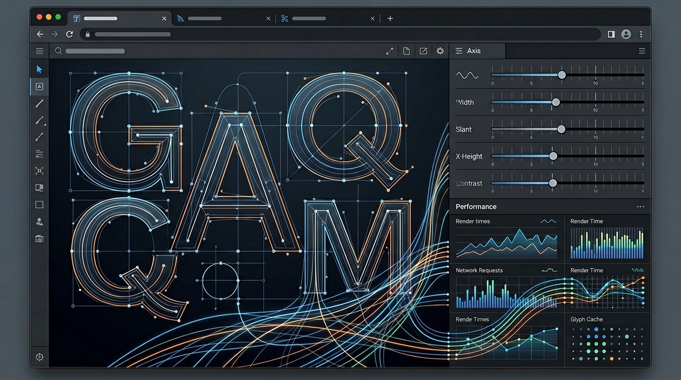 Abstract illustration of variable font axes, glyph outlines, and web performance indicators in a browser workspace.