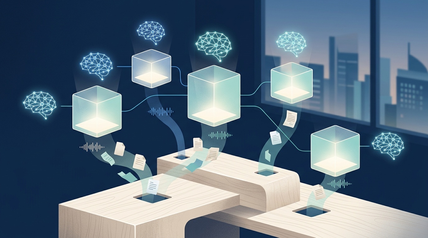 Abstracte illustratie van meerdere gescheiden AI-kennisbanken per project, elk gevoed door documenten en gespreksopnames.