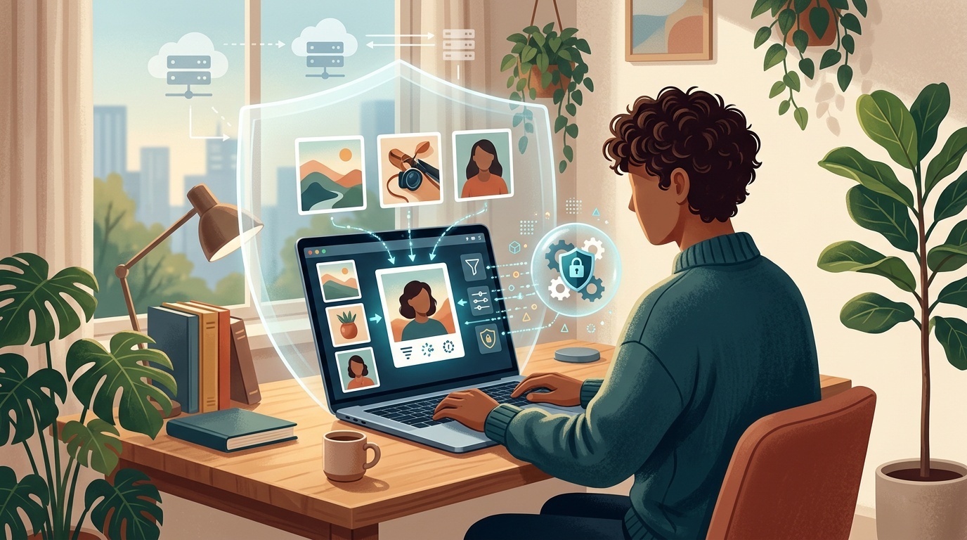 Editorial illustration of a closed laptop with a small lock icon, soft green and slate palette