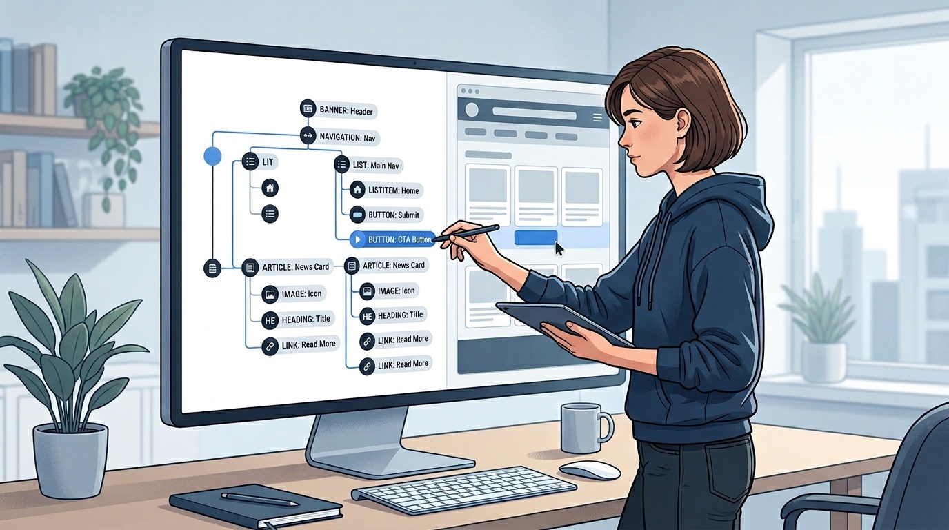 Illustration of a developer reviewing accessible labels and UI components on a screen.