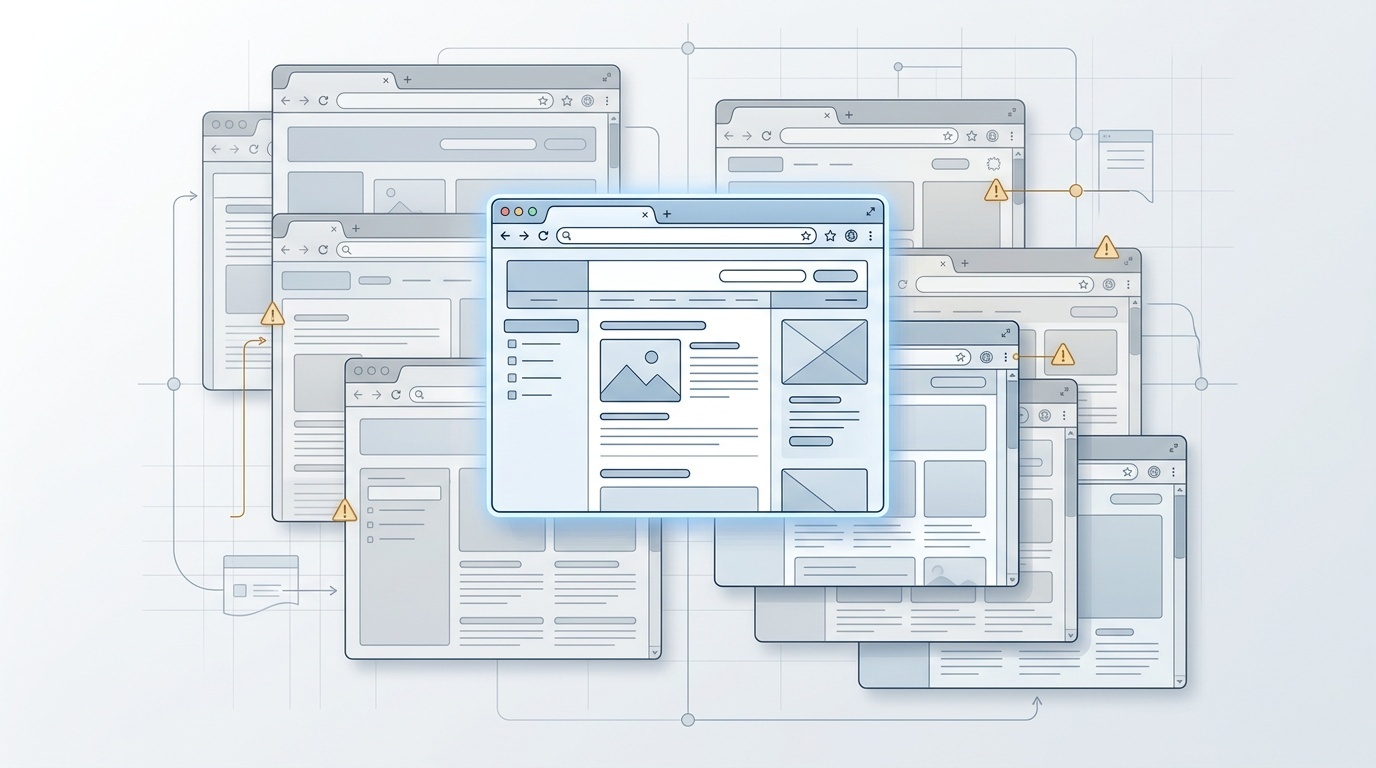 Overlapping web pages with one preferred canonical page highlighted and warning markers on incorrect duplicates.