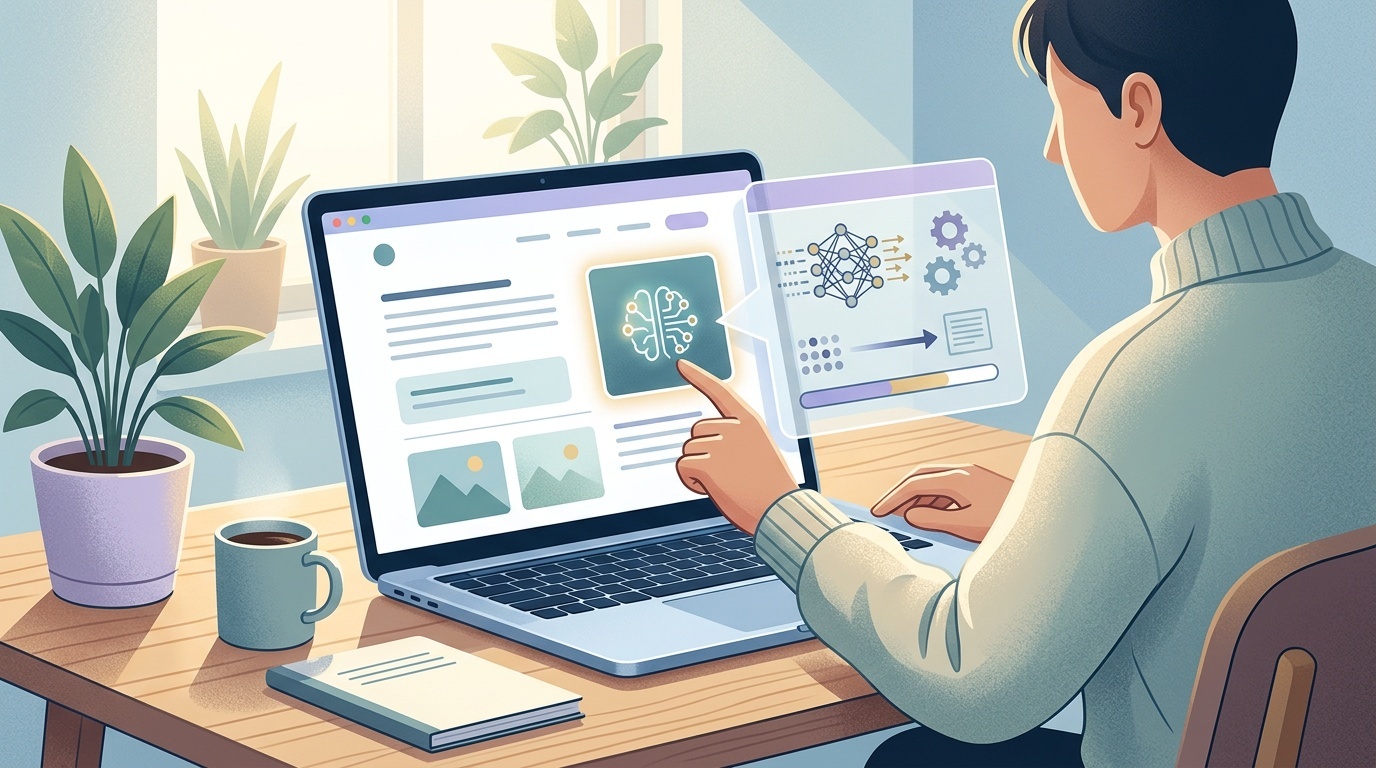 Editorial illustration of a robot hand and a human hand both holding the same pen, soft palette