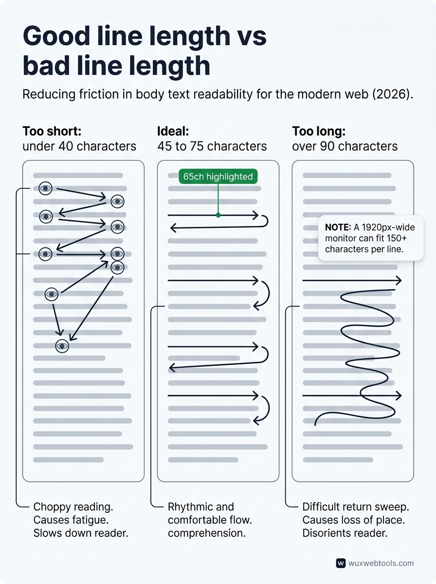 Comparison diagram of text columns showing too short under 40 characters, ideal 45 to 75 characters with 65ch example, and too long over 90 characters or 150 plus on a 1920px monitor