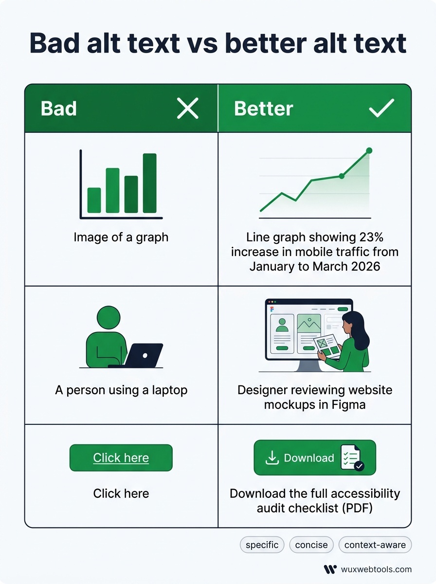 Side-by-side comparison of vague alt text and context-aware alternatives with specific examples and numbers