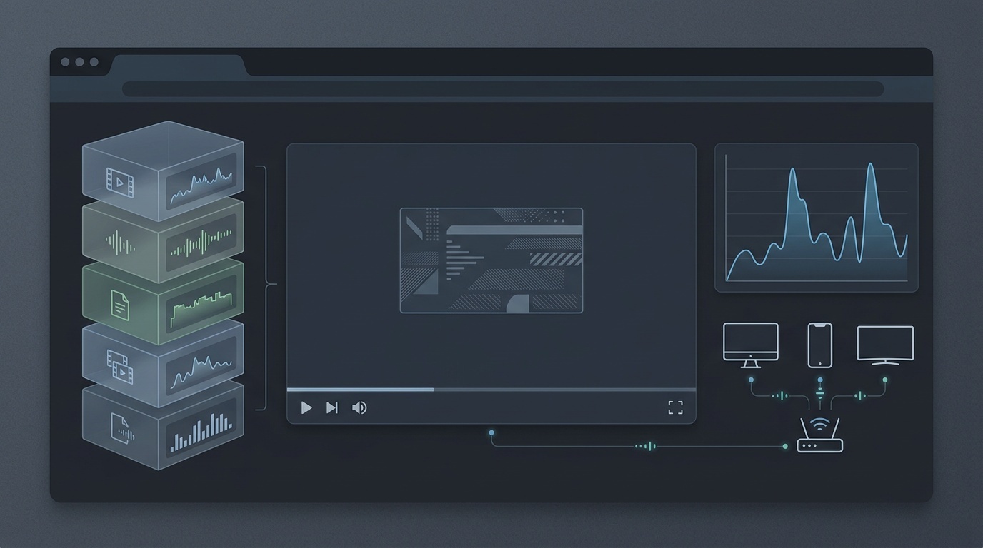 A stylized web video player surrounded by codec blocks, device icons, and a bandwidth graph.