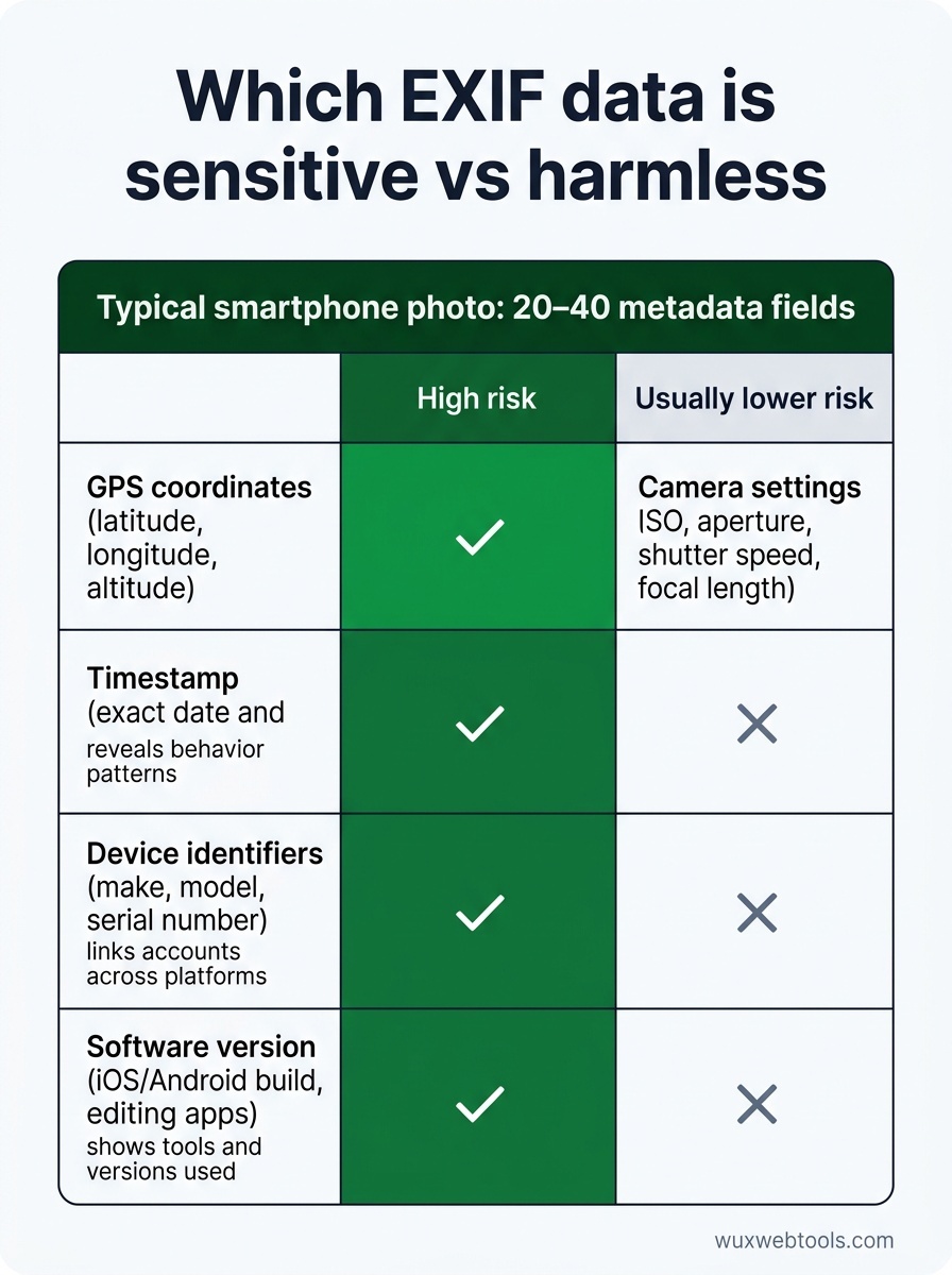 Comparison chart of common EXIF fields showing sensitive items like GPS, timestamp, and device identifiers versus lower-risk camera settings