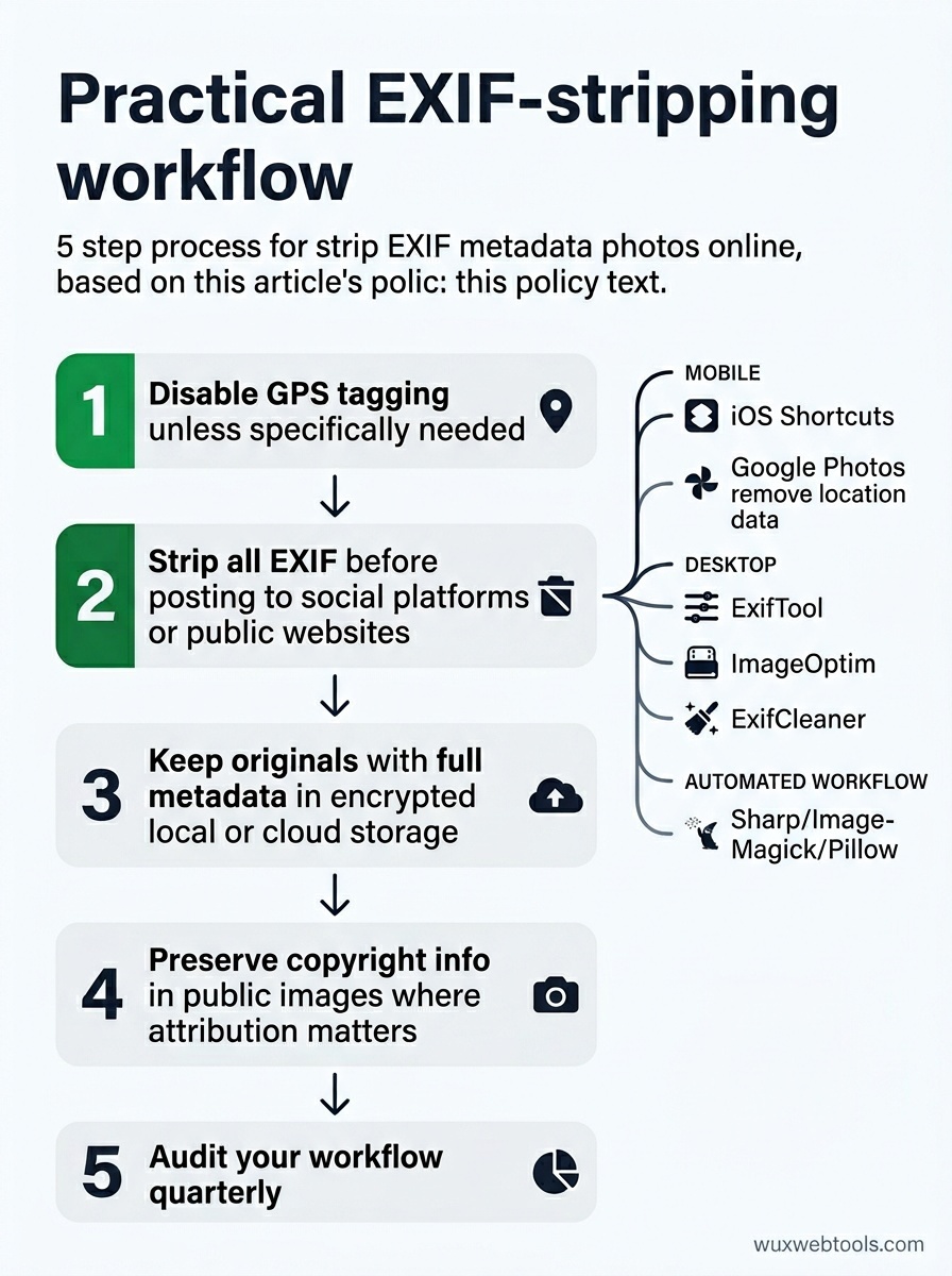 Checklist flowchart for a safe photo-sharing workflow: disable GPS, strip EXIF, keep originals, preserve copyright when needed, and audit quarterly