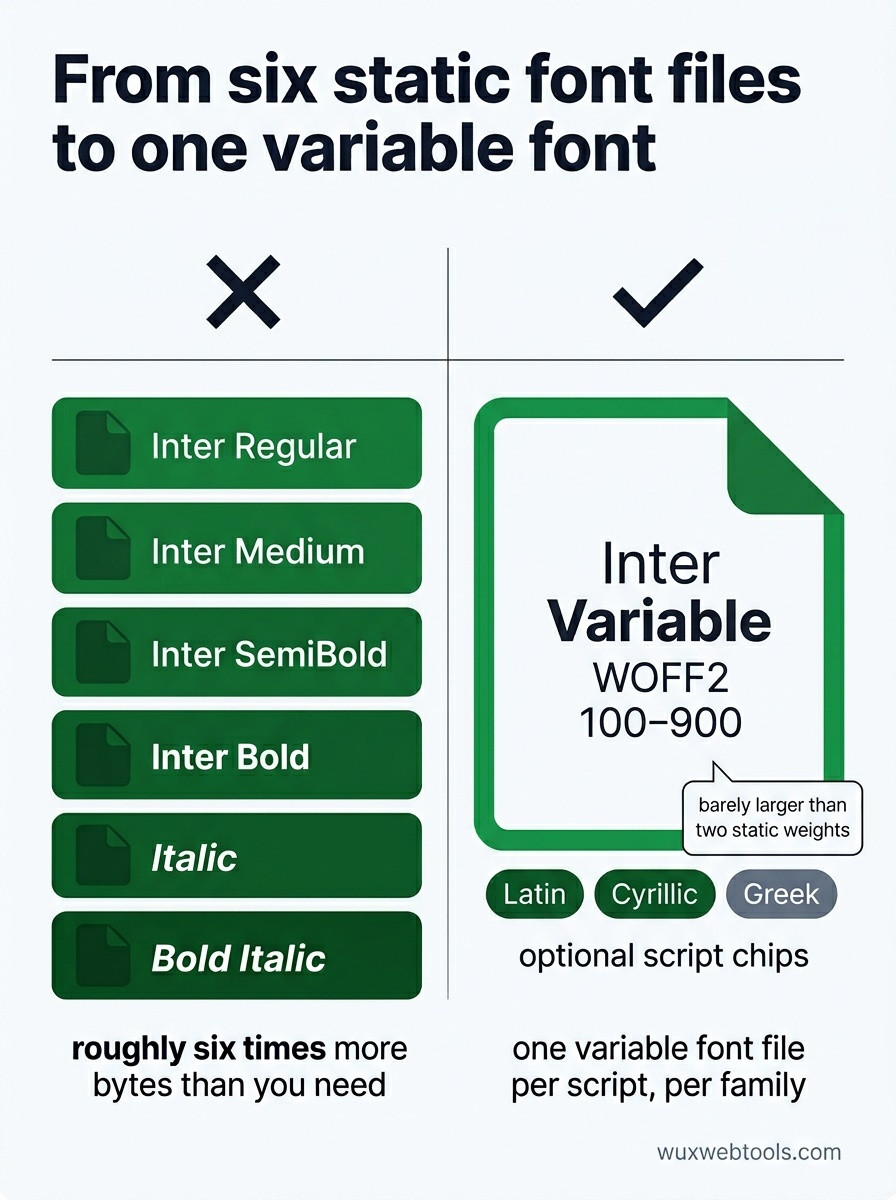 Comparison of six static font files versus one variable font file with script-based subsetting for Latin, Cyrillic, and Greek